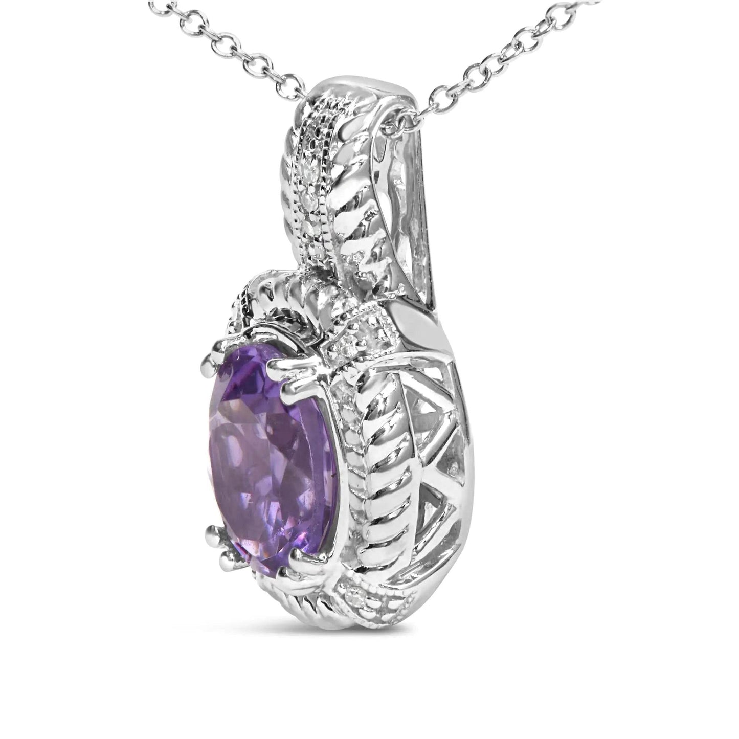 Sterling Silver Amethyst & Diamond Pendant Necklace - EveryRetailNeed.Com