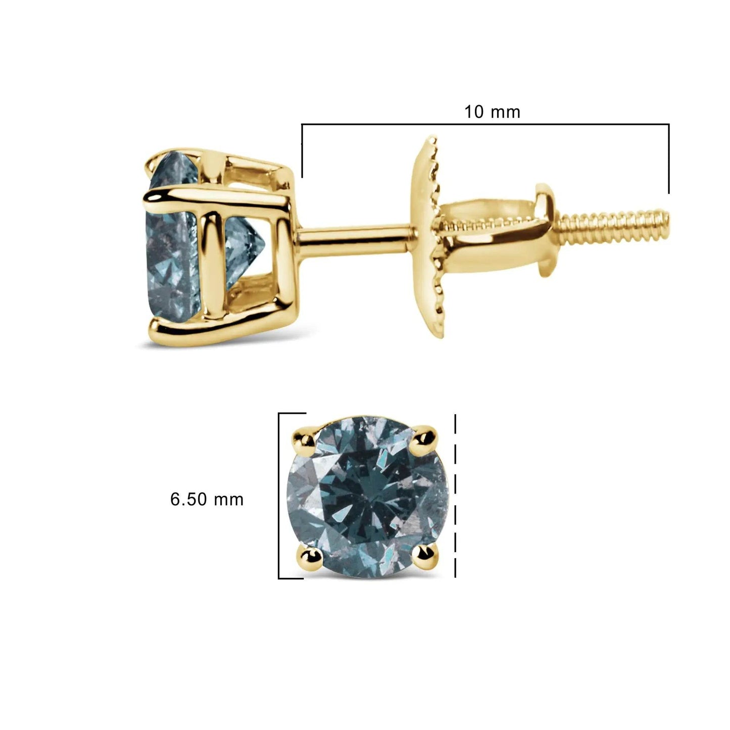 14K Gold Round Brilliant Cut Lab Grown Blue Diamond 4-Prong Classic Solitaire Stud Earrings with Screwbacks - EveryRetailNeed.Com