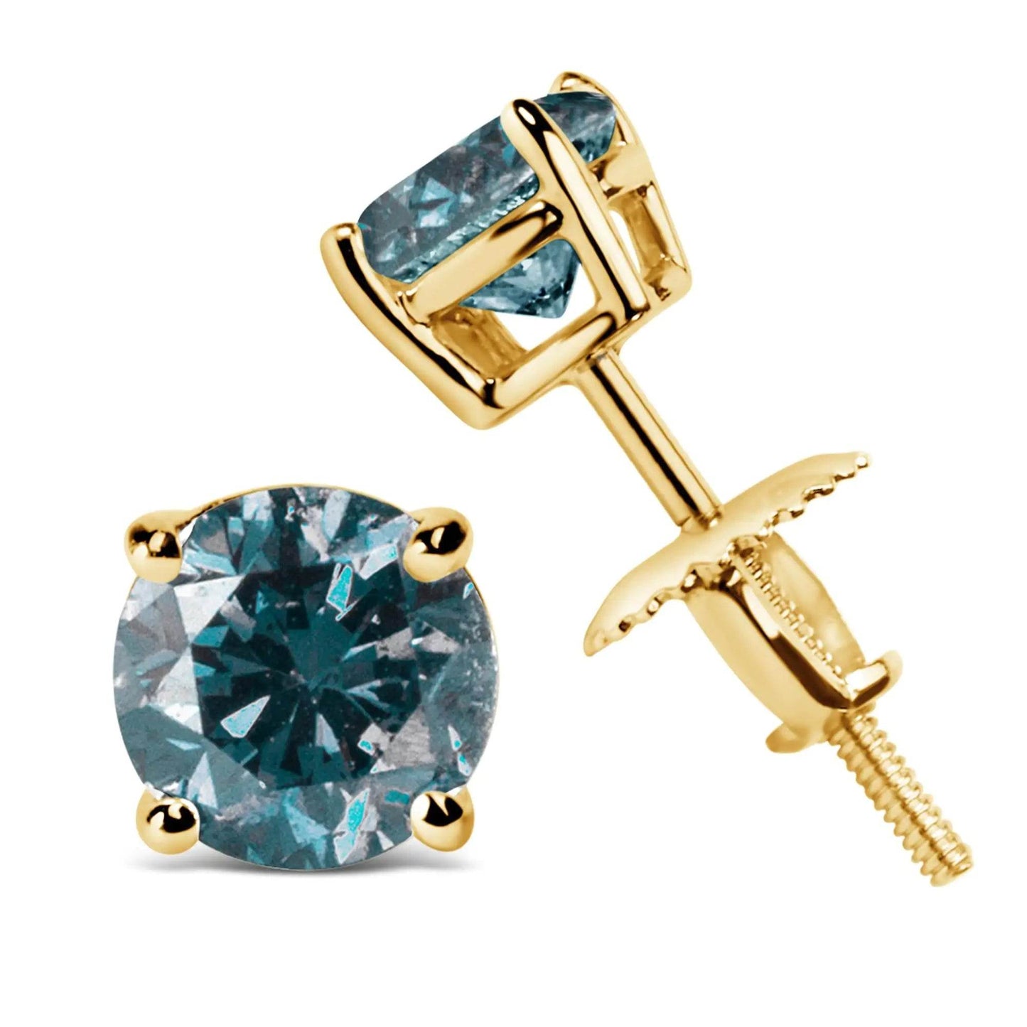 14K Gold Round Brilliant Cut Lab Grown Blue Diamond 4-Prong Classic Solitaire Stud Earrings with Screwbacks - EveryRetailNeed.Com