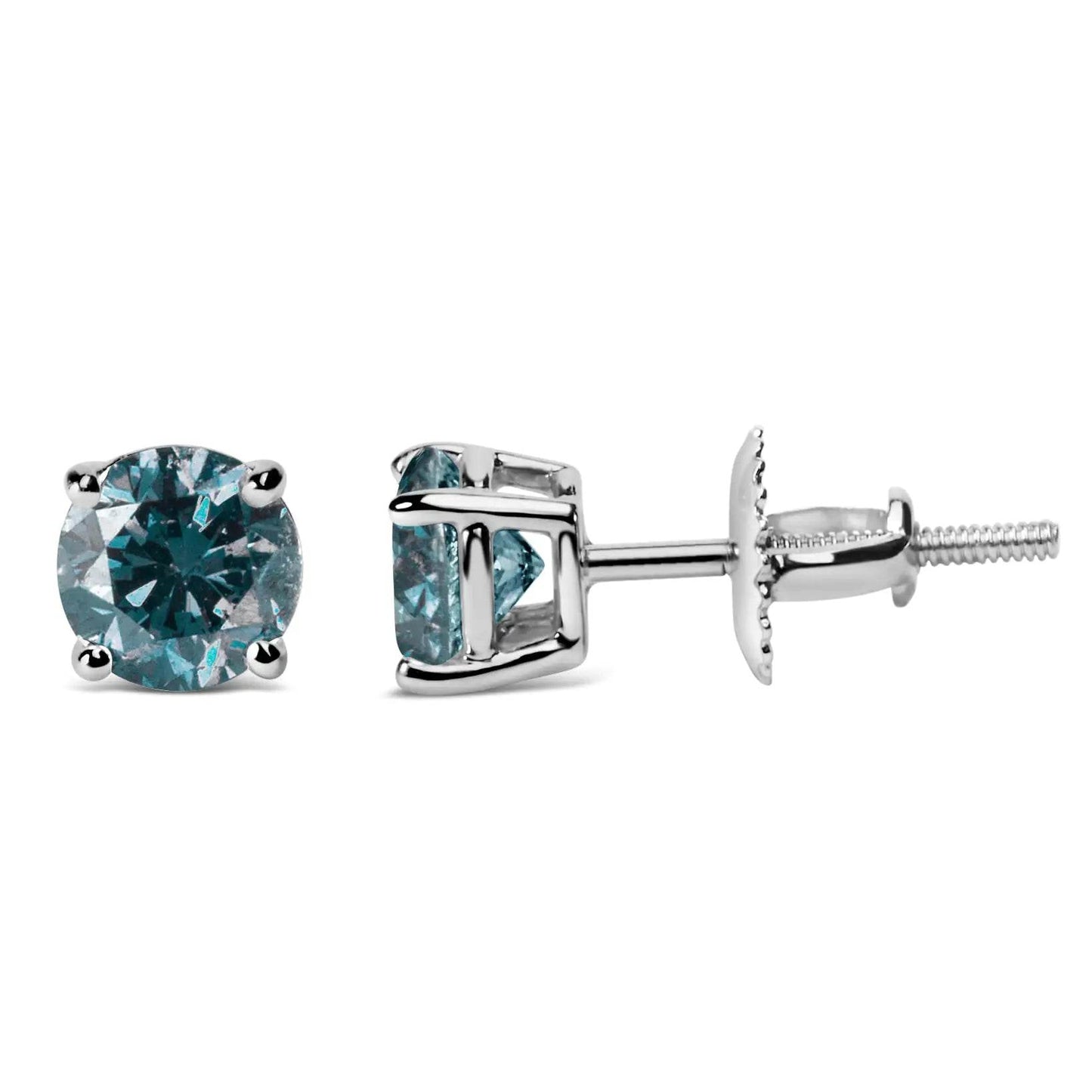 14K Gold Round Brilliant Cut Lab Grown Blue Diamond 4-Prong Classic Solitaire Stud Earrings with Screwbacks - EveryRetailNeed.Com
