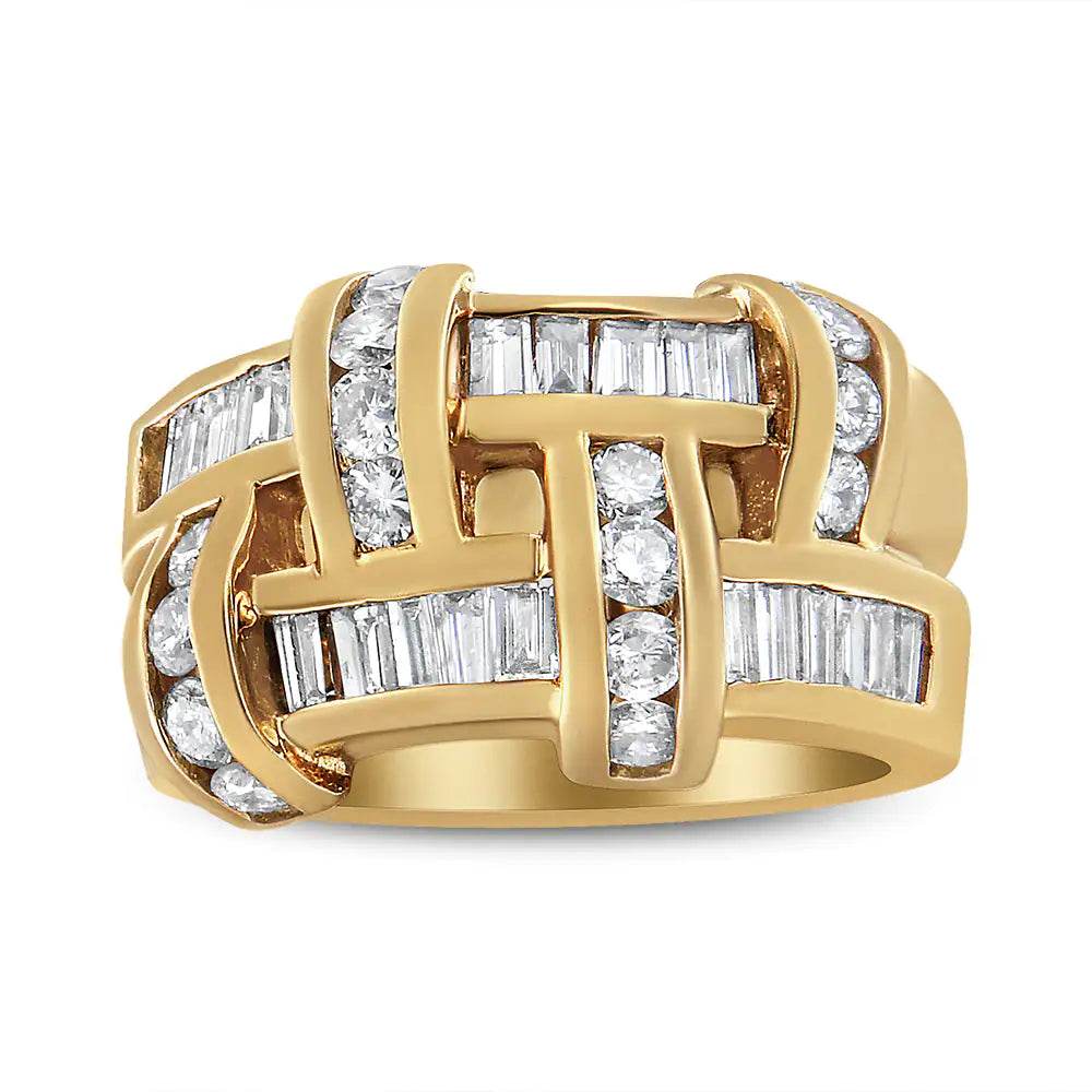 14K Gold Round & Baguette Diamond Lattice Ring (H-I, VS2-SI1) - Size 6 - EveryRetailNeed.Com
