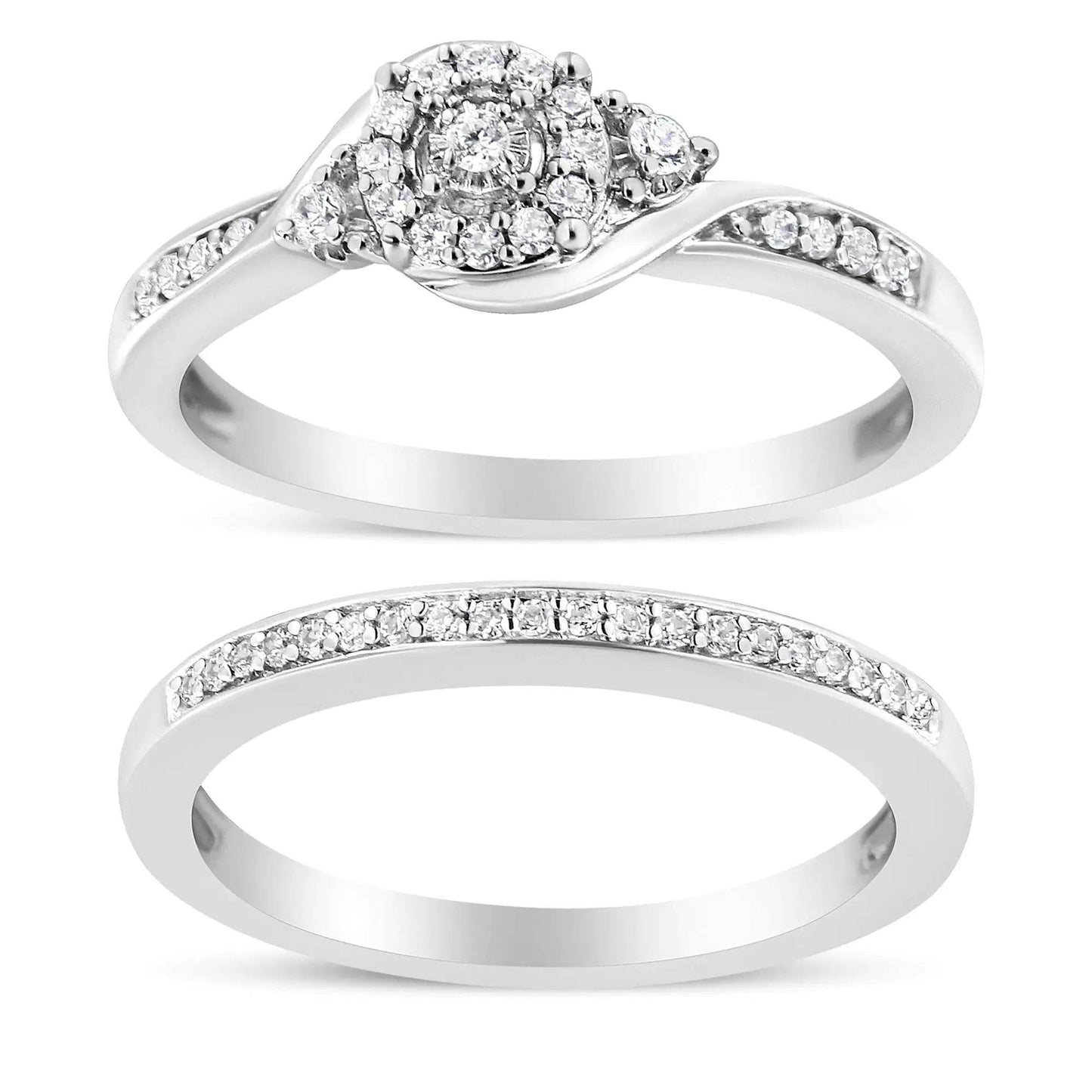 .925 Sterling Silver Diamond Halo Swirl Bridal Set - EveryRetailNeed.Com