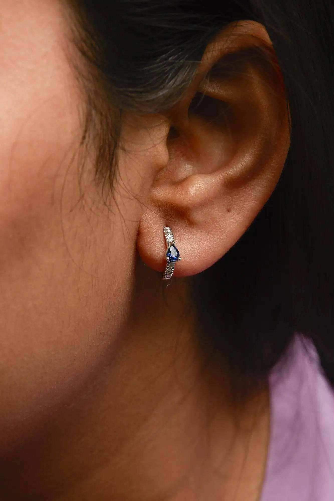 10K White Gold Blue Sapphire Diamond Hoop Earrings - EveryRetailNeed.Com