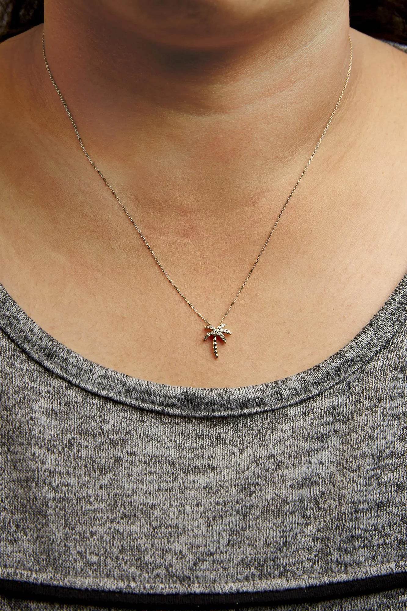 Gold Diamond Palm Tree Pendant Necklace - EveryRetailNeed.Com
