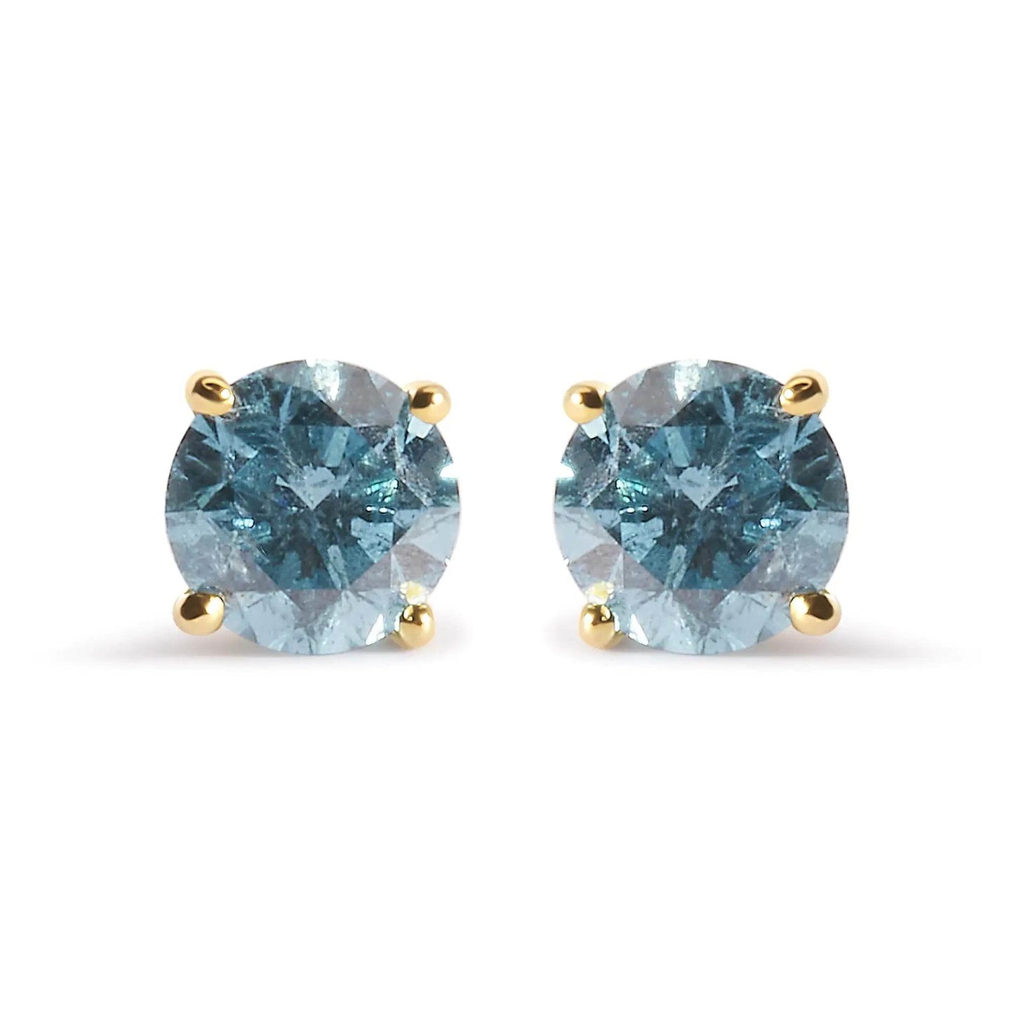 14K Yellow Gold 1.0 Cttw Treated Aqua Blue Diamond Classic Solitaire Stud Earrings (Aqua Blue Color, I2-I3 Clarity) - EveryRetailNeed.Com