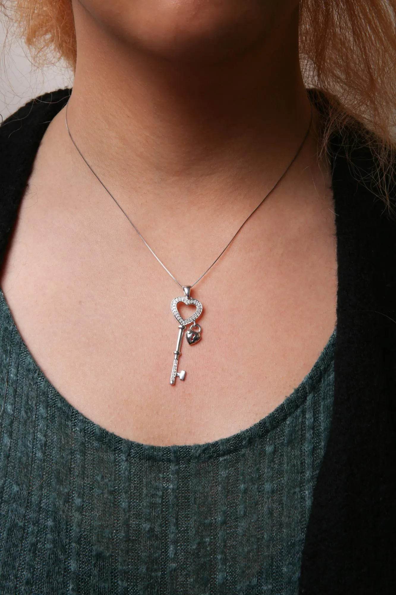 Sterling Silver Diamond Heart Lock Necklace - EveryRetailNeed.Com