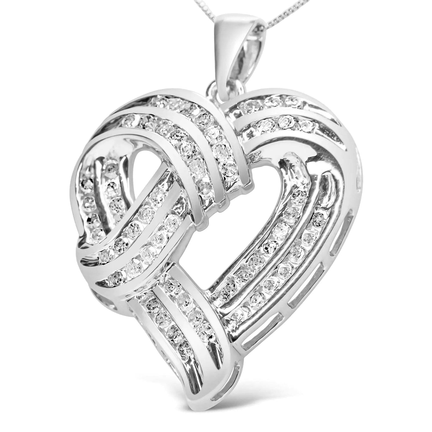 .925 Sterling Silver Diamond Ribbon Heart Pendant Necklace - EveryRetailNeed.Com