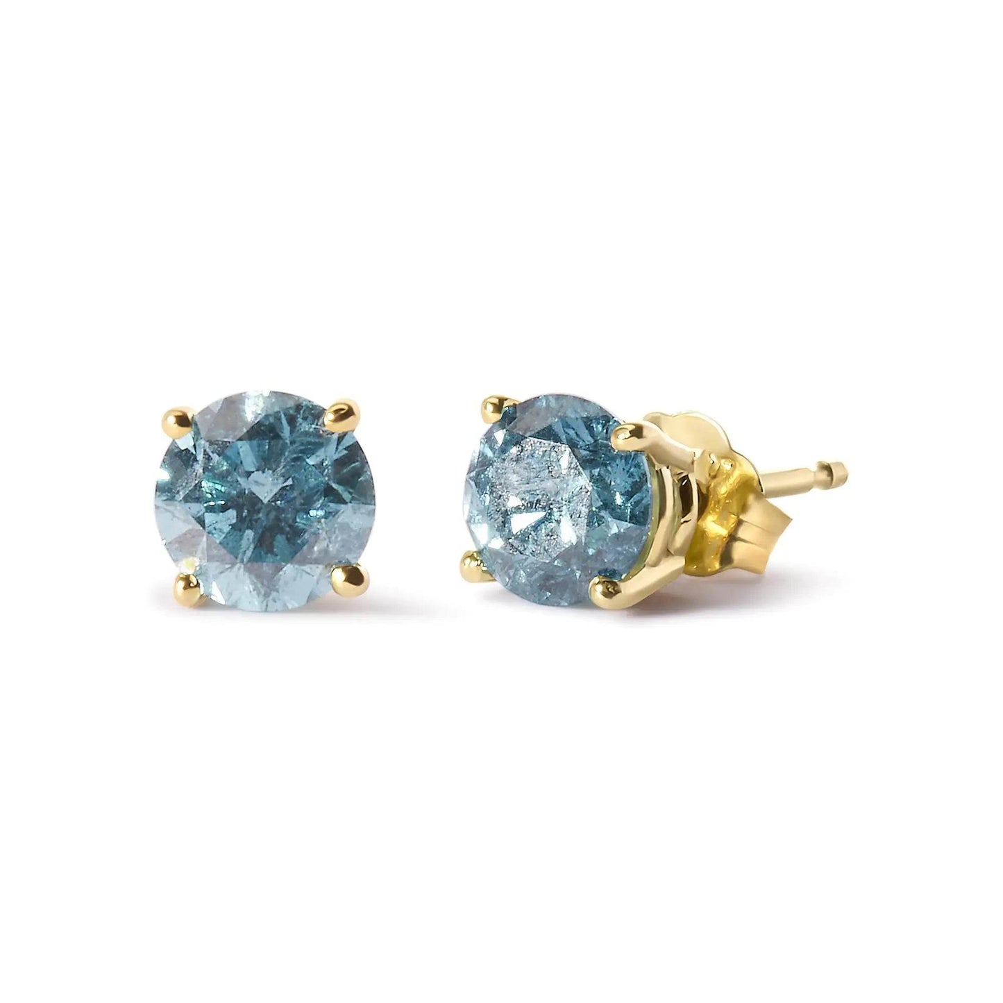 14K Yellow Gold 1.0 Cttw Treated Aqua Blue Diamond Classic Solitaire Stud Earrings (Aqua Blue Color, I2-I3 Clarity) - EveryRetailNeed.Com