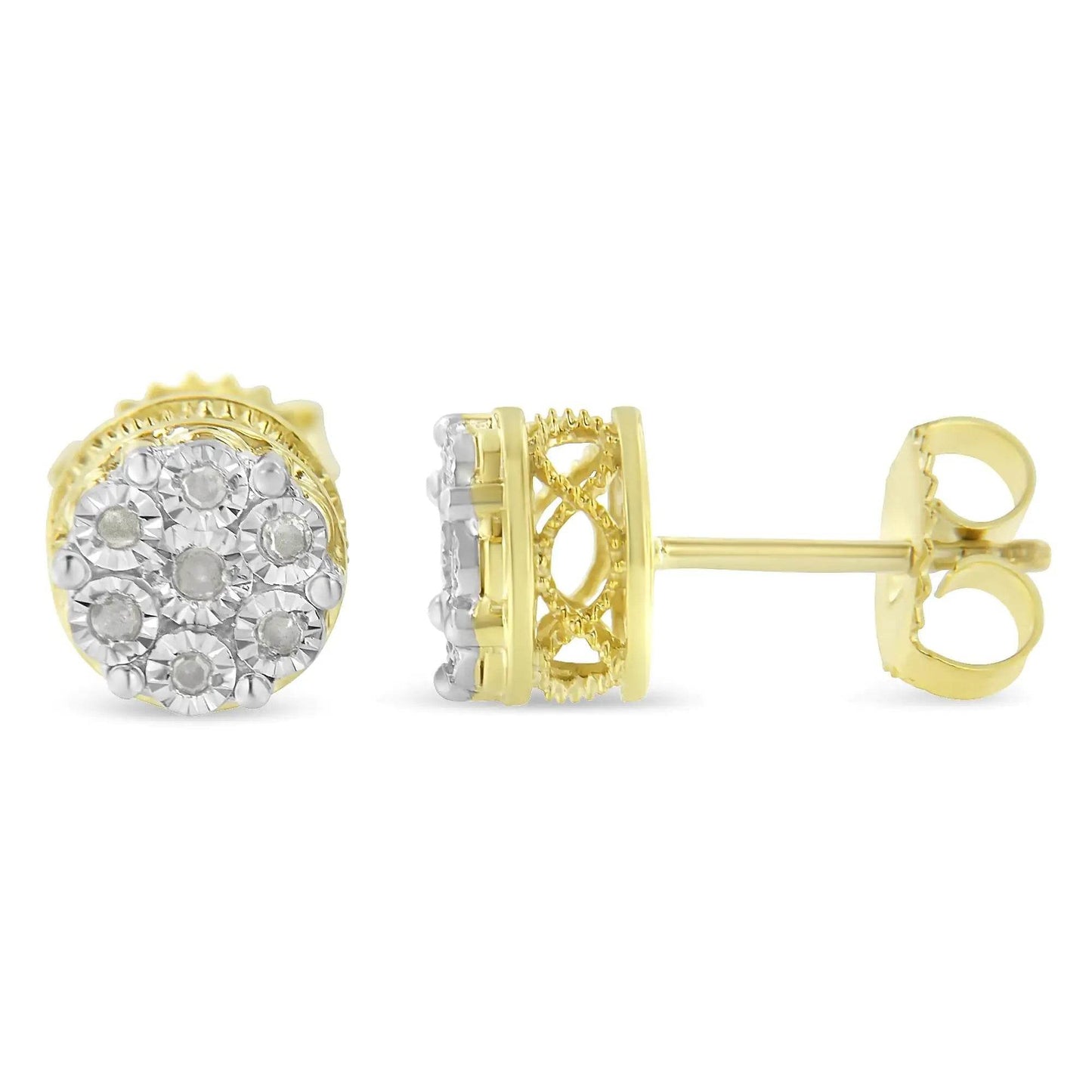14K Yellow Gold Plated .925 Sterling Silver 1/7 Cttw Diamond Miracle Set Stud Earrings (I-J Color, I3 Promo Clarity) - EveryRetailNeed.Com