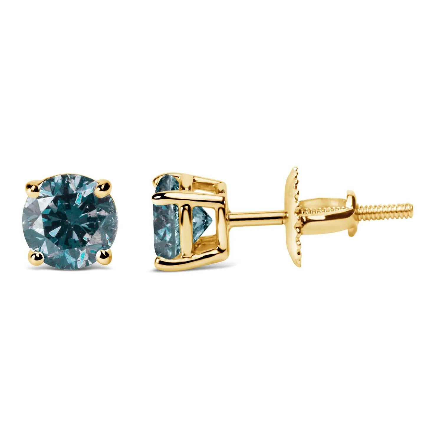14K Gold Round Brilliant Cut Lab Grown Blue Diamond 4-Prong Classic Solitaire Stud Earrings with Screwbacks - EveryRetailNeed.Com