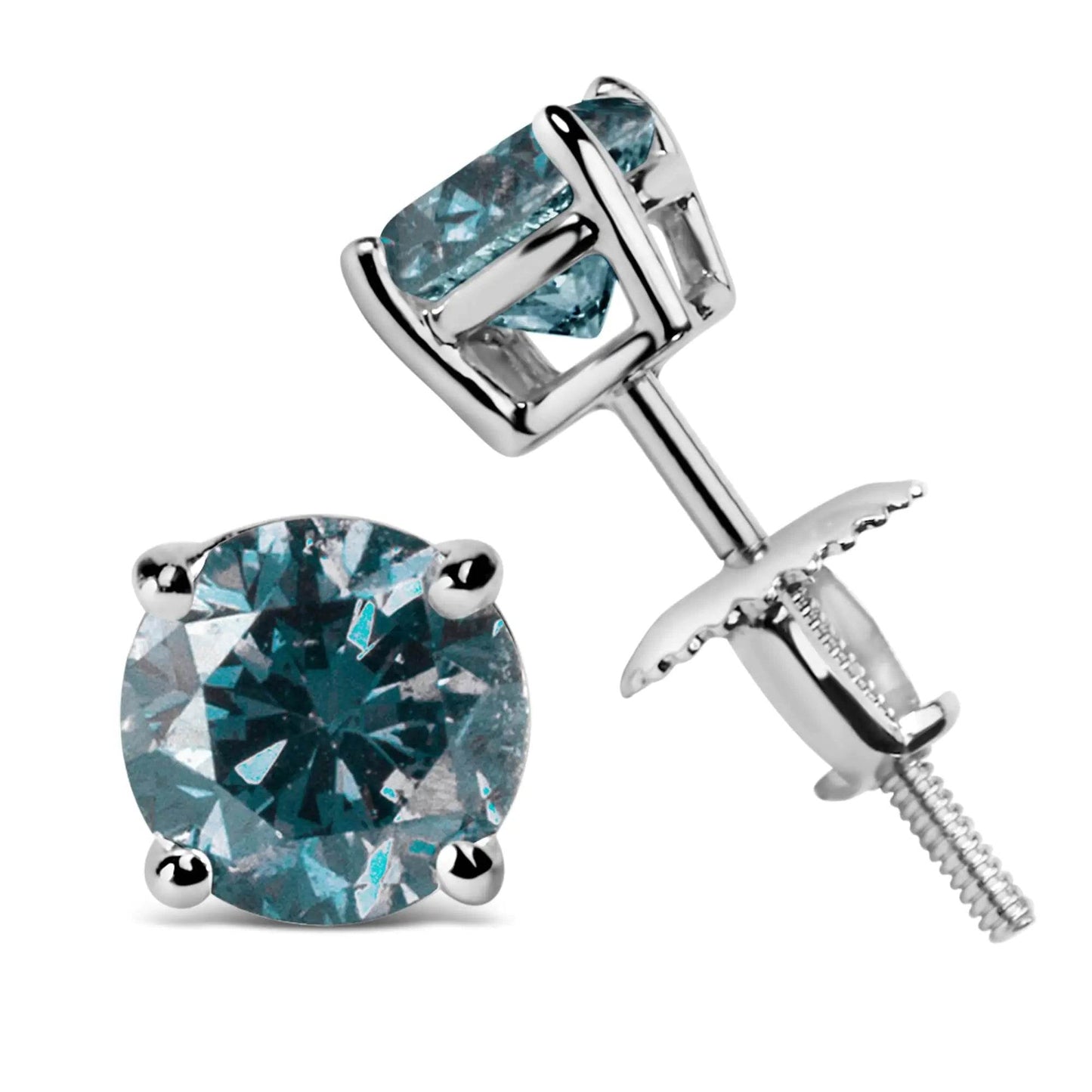 14K Gold Round Brilliant Cut Lab Grown Blue Diamond 4-Prong Classic Solitaire Stud Earrings with Screwbacks - EveryRetailNeed.Com