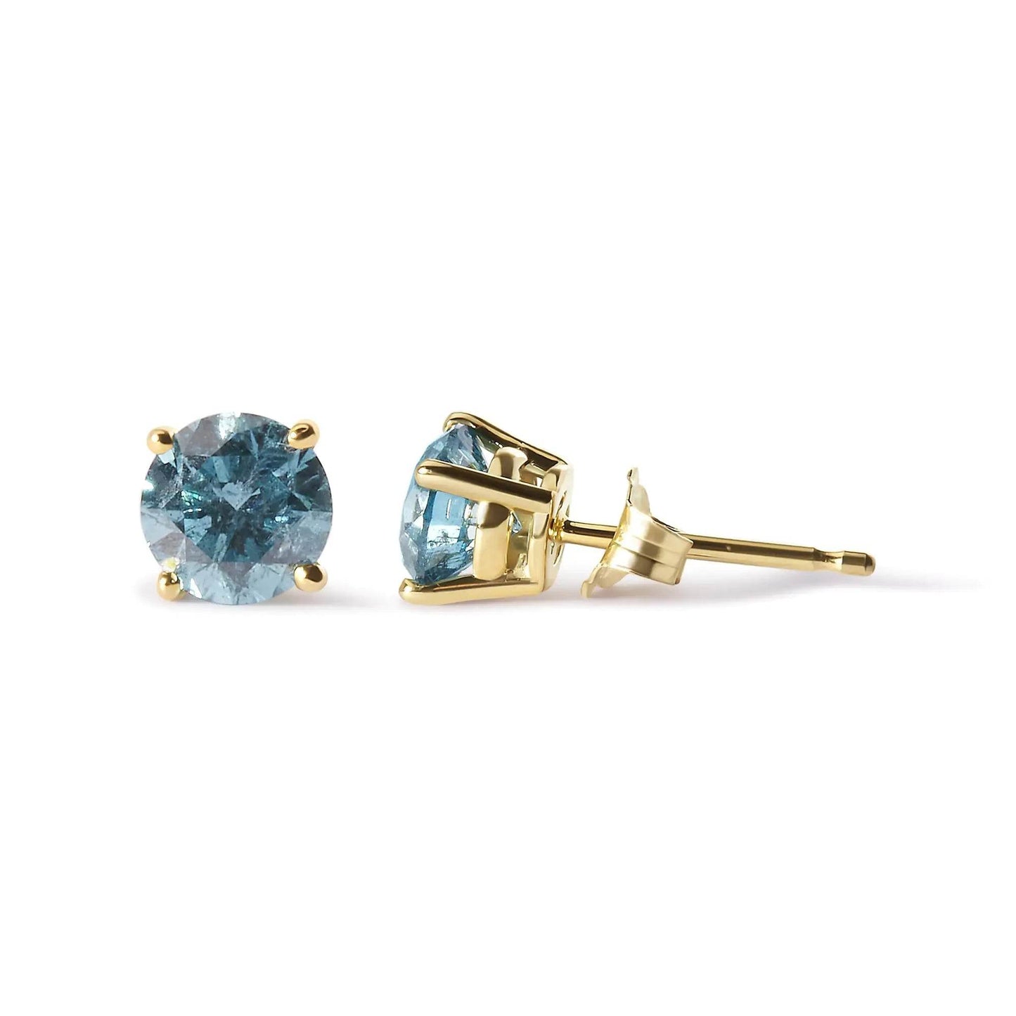 14K Yellow Gold 1.0 Cttw Treated Aqua Blue Diamond Classic Solitaire Stud Earrings (Aqua Blue Color, I2-I3 Clarity) - EveryRetailNeed.Com