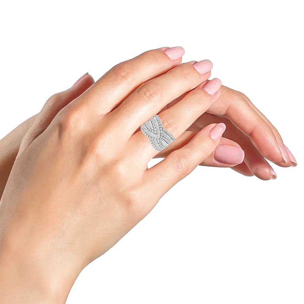 .925 Sterling Silver 2 3/8 Cttw Diamond Multi Row Overlay Band Ring ( J-K Color, I3 Clarity) - EveryRetailNeed.Com