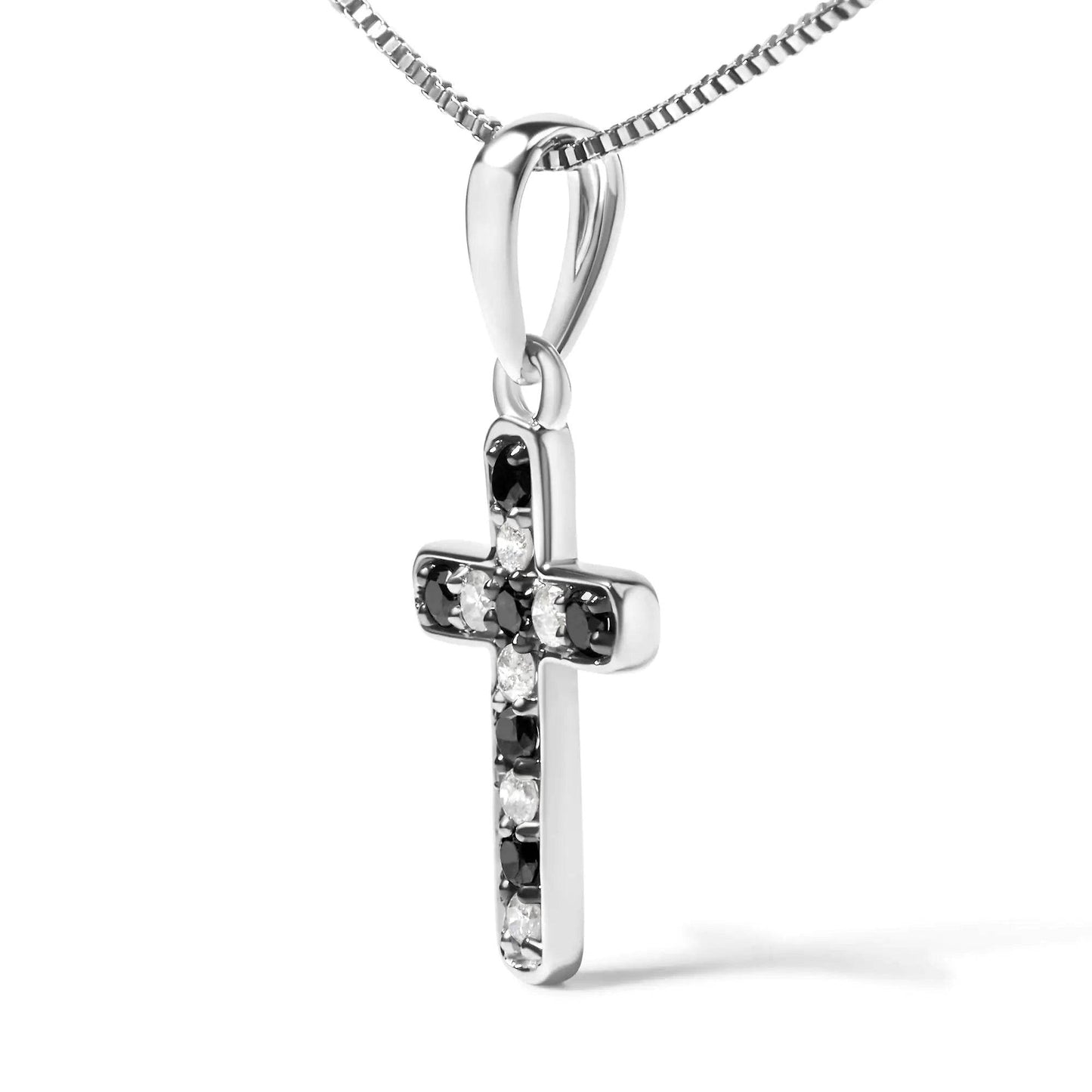 .925 Sterling Silver 1/4 Cttw Round Natural Treated Black and White Diamond Cross Pendant Necklace (Black and I-J Color, I3 Clarity) - EveryRetailNeed.Com