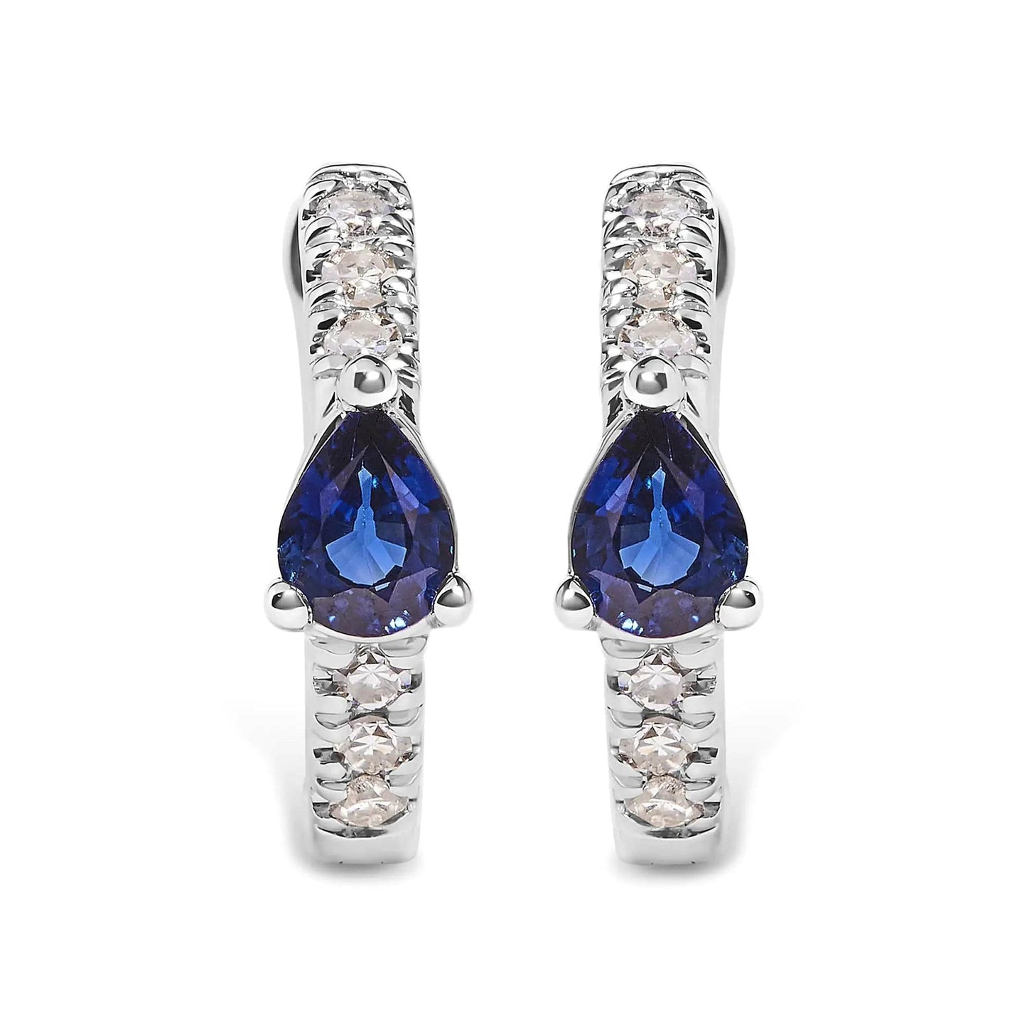 10K White Gold Blue Sapphire Diamond Hoop Earrings - EveryRetailNeed.Com
