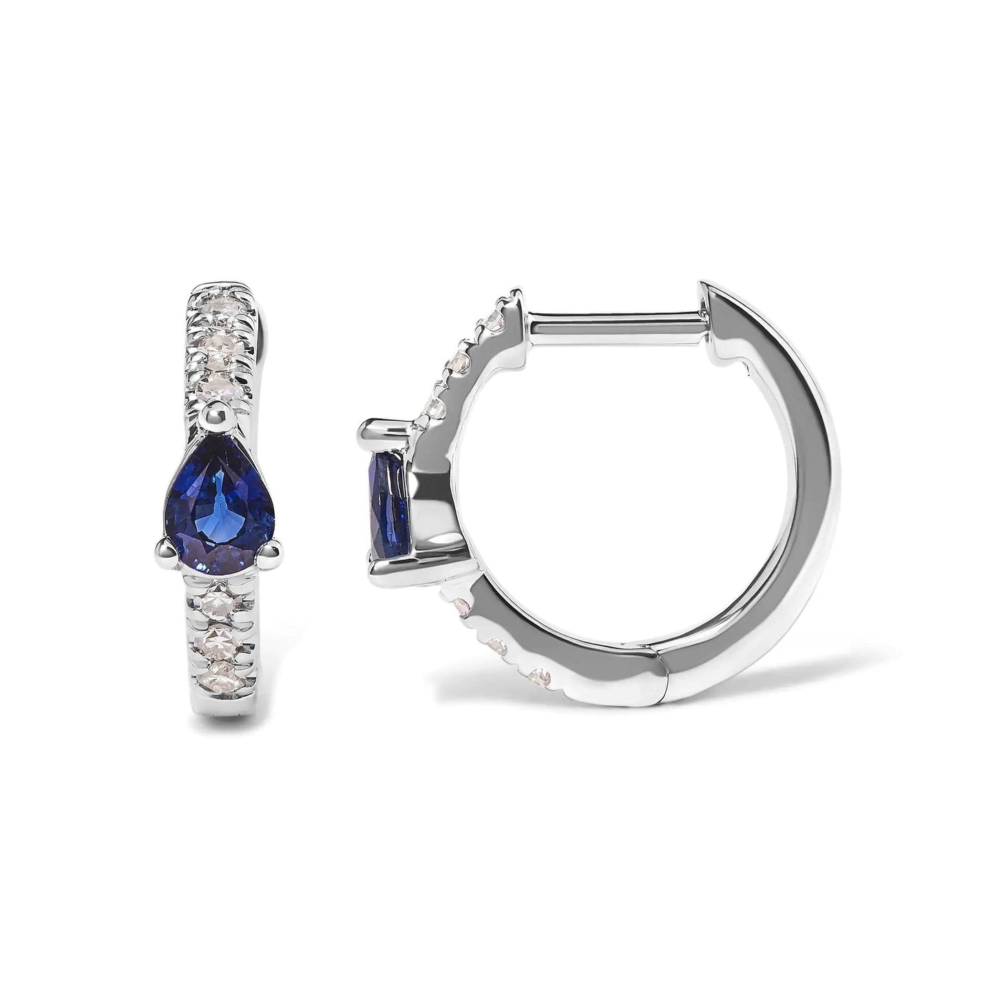 10K White Gold Blue Sapphire Diamond Hoop Earrings - EveryRetailNeed.Com