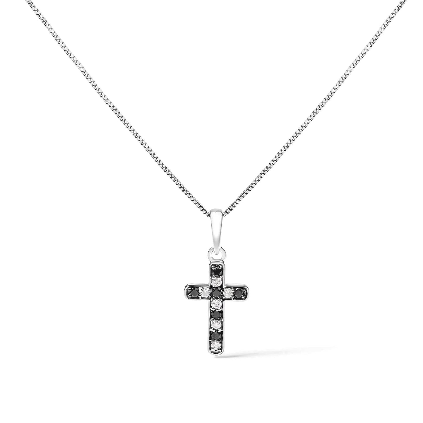 .925 Sterling Silver 1/4 Cttw Round Natural Treated Black and White Diamond Cross Pendant Necklace (Black and I-J Color, I3 Clarity) - EveryRetailNeed.Com