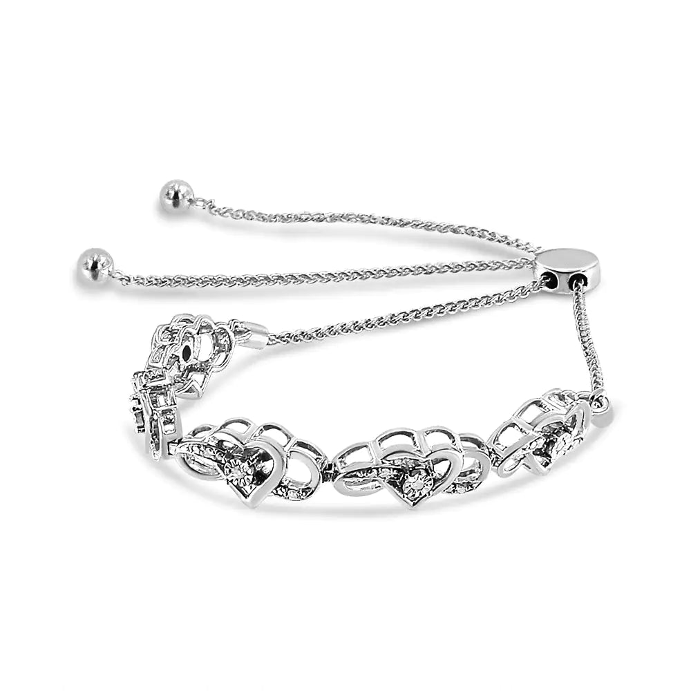 .925 Silver Diamond Heart & Infinity Bolo Bracelet Adjustable 6"-9"