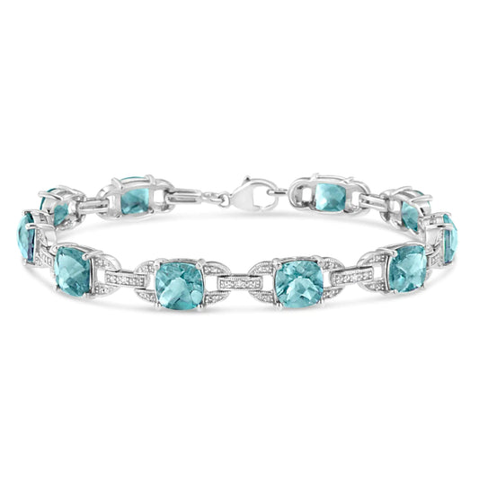 Sterling Silver Blue Topaz & Diamond Tennis Bracelet - 7 Inch