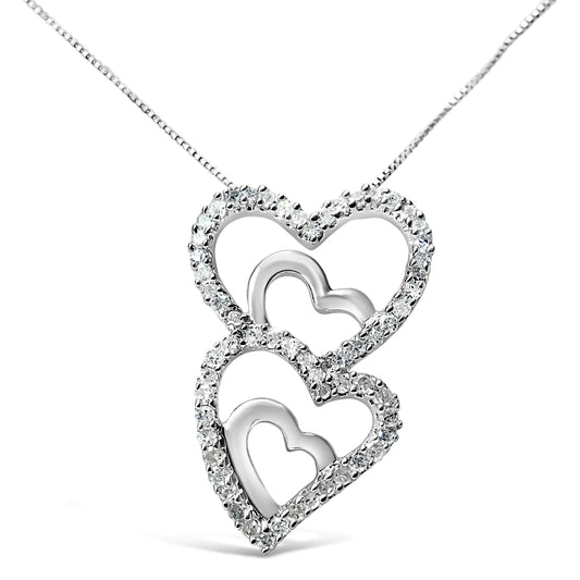 .925 Sterling Silver 3/8 Cttw Round Diamond Double Heart-in-Heart Pendant 18" Necklace