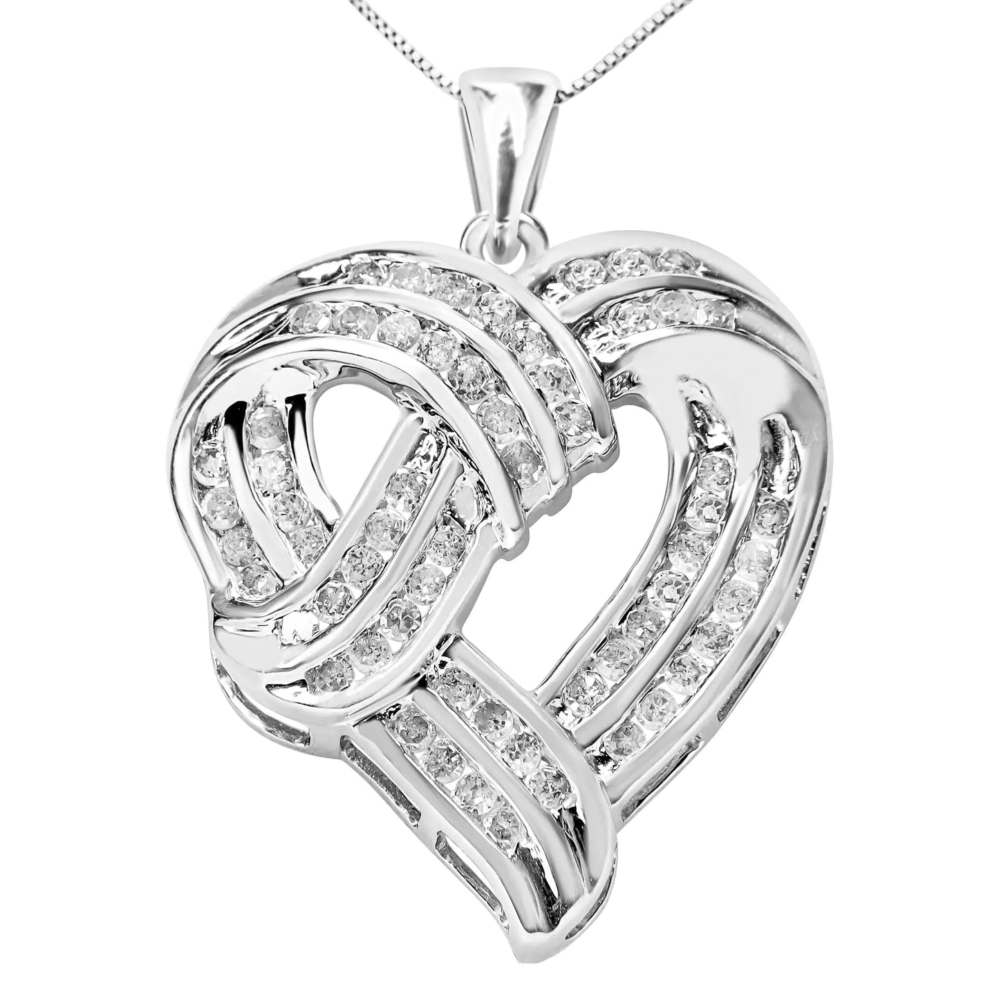 .925 Sterling Silver Diamond Ribbon Heart Pendant Necklace