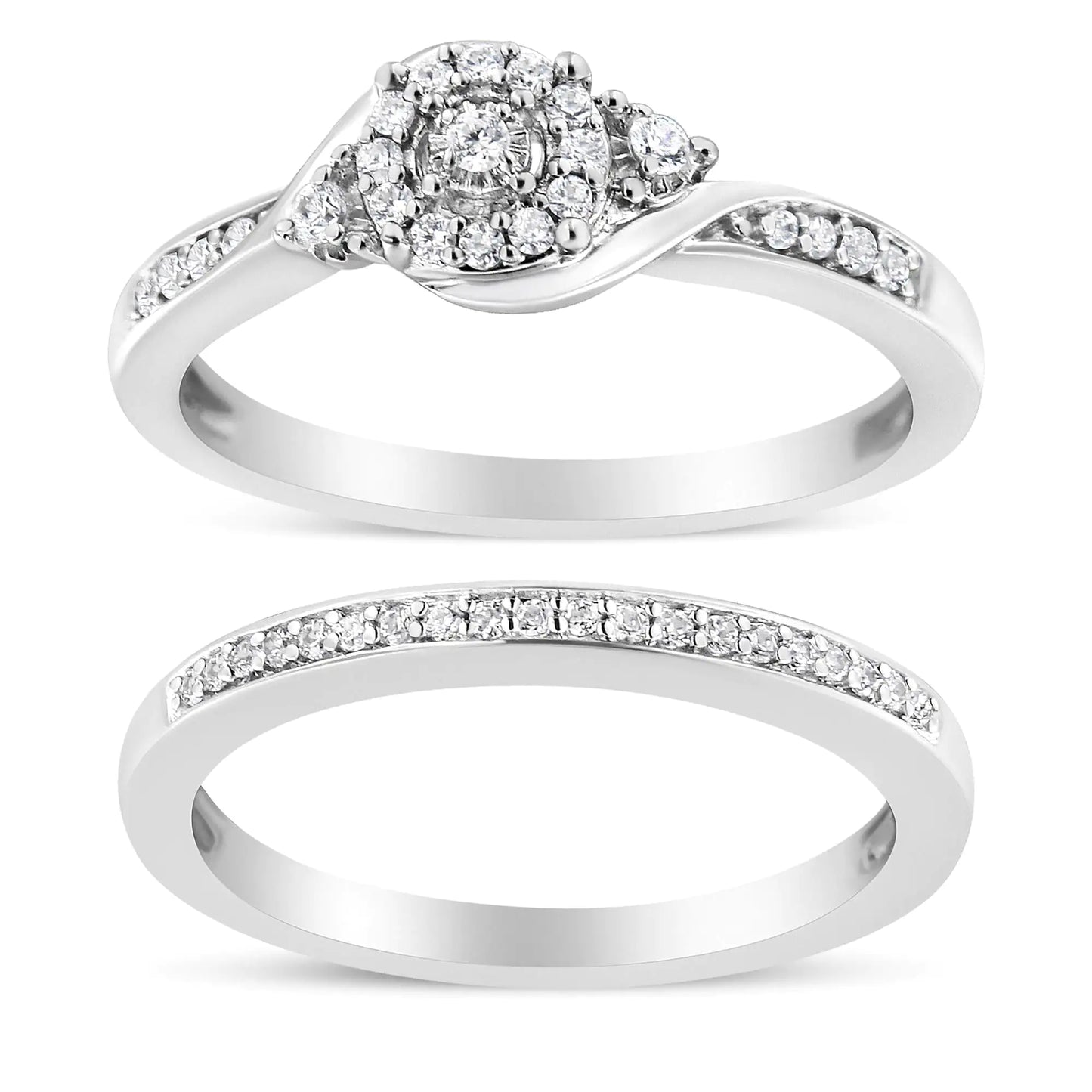 .925 Sterling Silver Diamond Halo Swirl Bridal Set