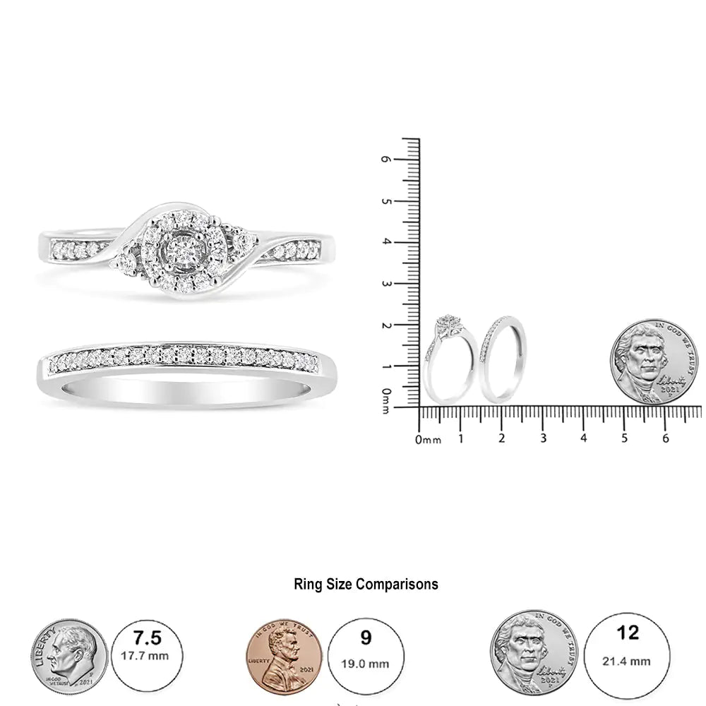 .925 Sterling Silver Diamond Halo Swirl Bridal Set