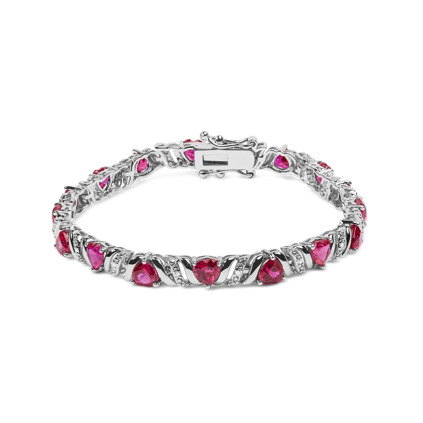 .925 Sterling Silver Red Ruby Heart & Diamond Bracelet