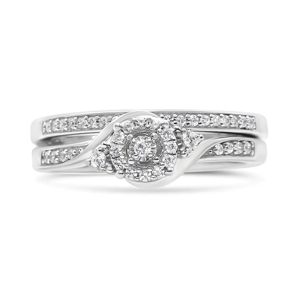 .925 Sterling Silver Diamond Halo Swirl Bridal Set