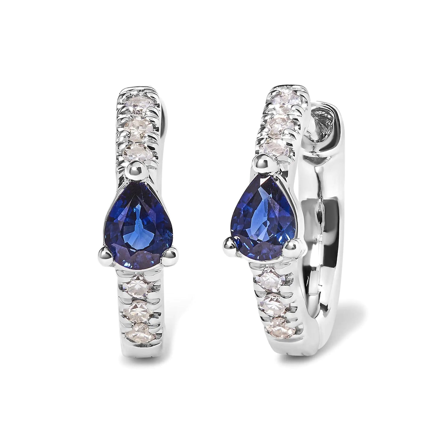 10K White Gold Blue Sapphire Diamond Hoop Earrings