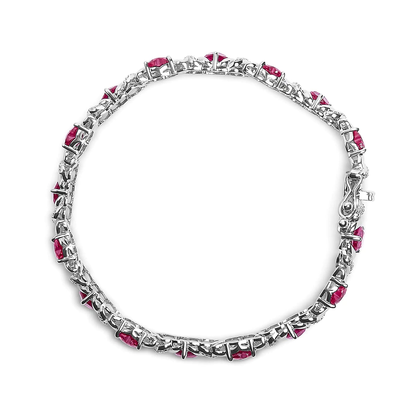 .925 Sterling Silver Red Ruby Heart & Diamond Bracelet