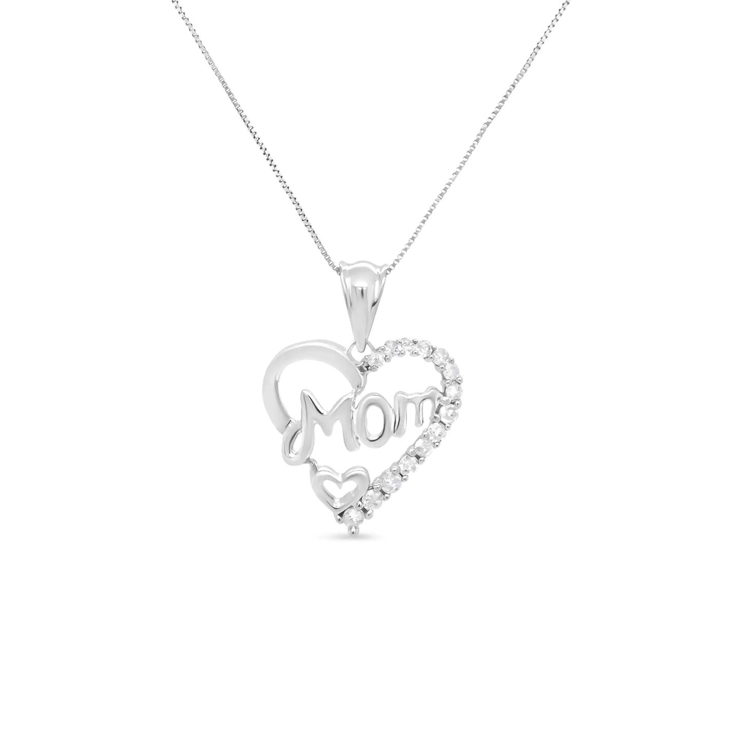 .925 Sterling Silver 1/4 Cttw Round Diamond "Mom" Openwork Heart Pendant 18" Necklace