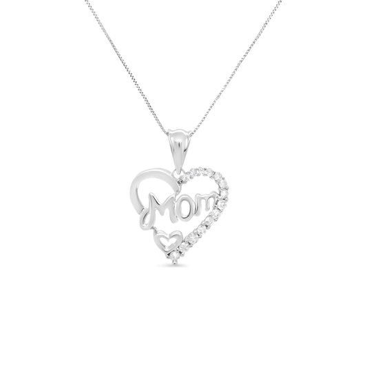 .925 Sterling Silver 1/4 Cttw Round Diamond "Mom" Openwork Heart Pendant 18" Necklace