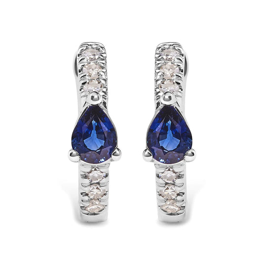 10K White Gold Blue Sapphire Diamond Hoop Earrings