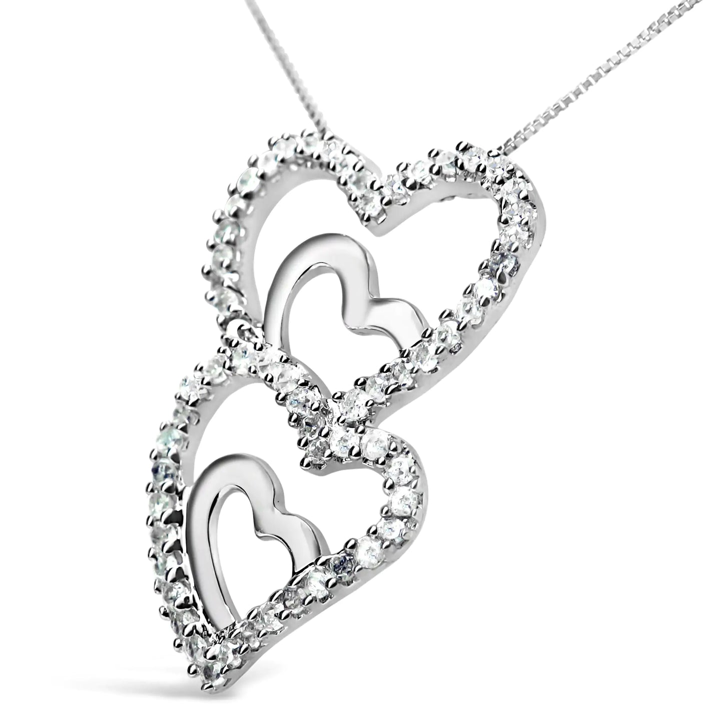 .925 Sterling Silver 3/8 Cttw Round Diamond Double Heart-in-Heart Pendant 18" Necklace