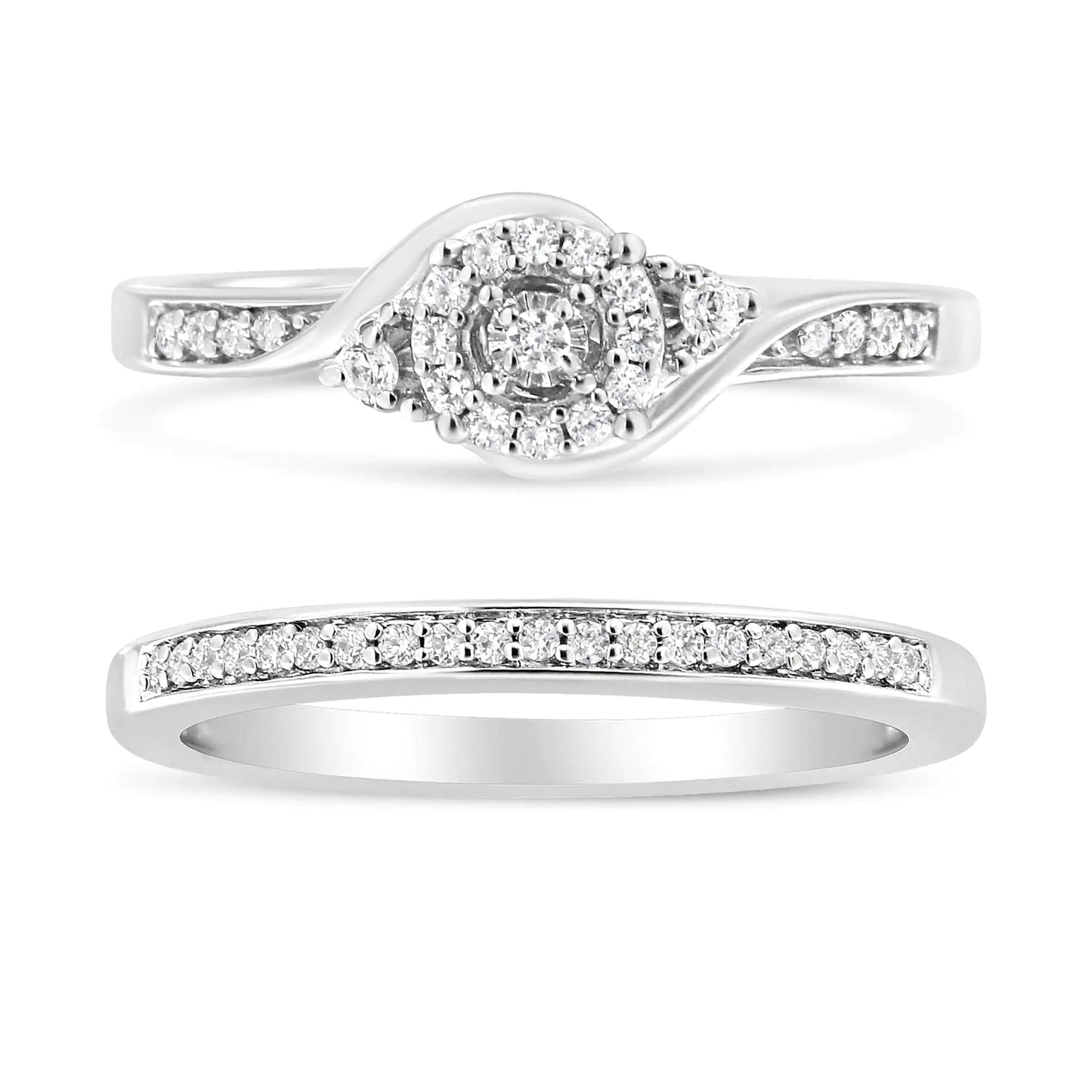 .925 Sterling Silver Diamond Halo Swirl Bridal Set