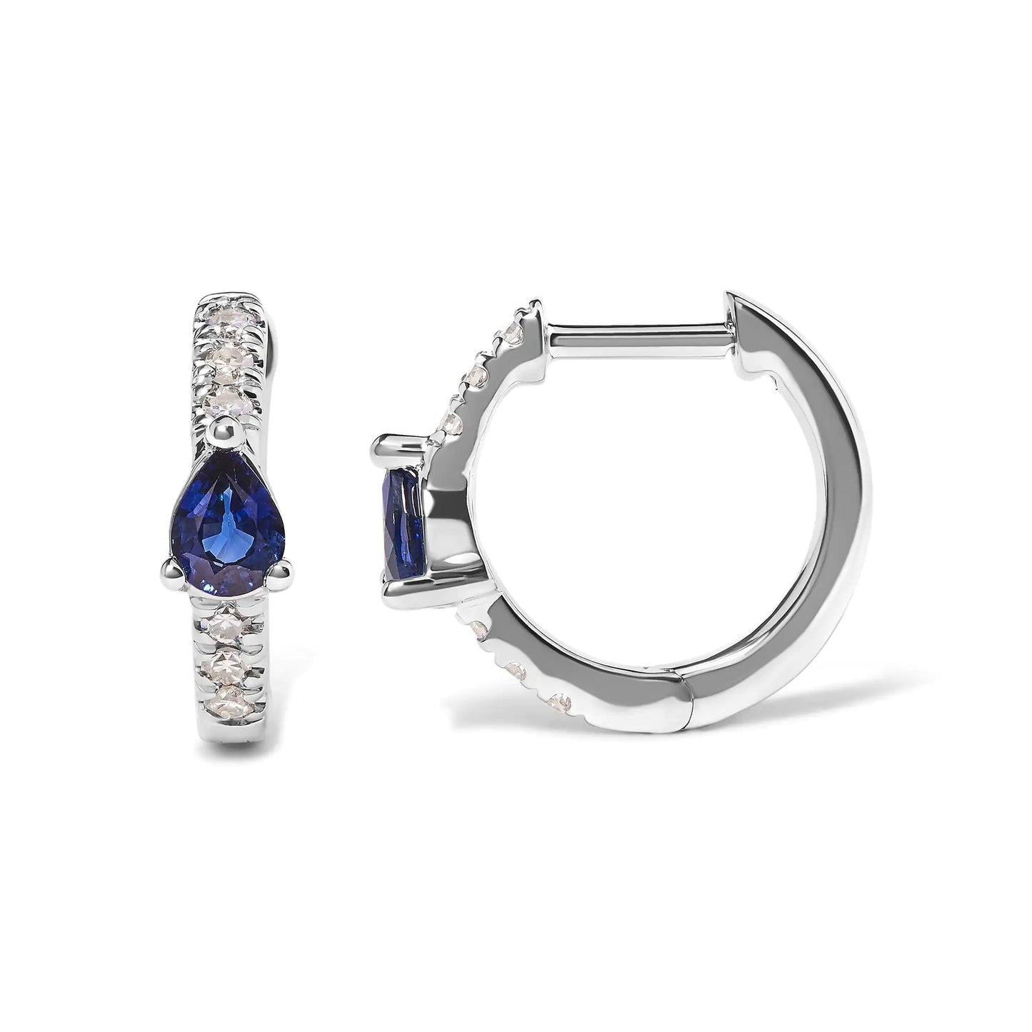 10K White Gold Blue Sapphire Diamond Hoop Earrings