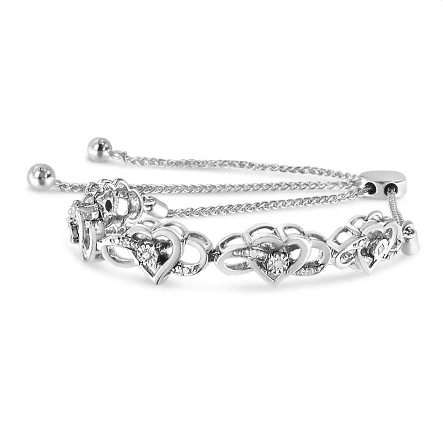 .925 Silver Diamond Heart & Infinity Bolo Bracelet Adjustable 6"-9"