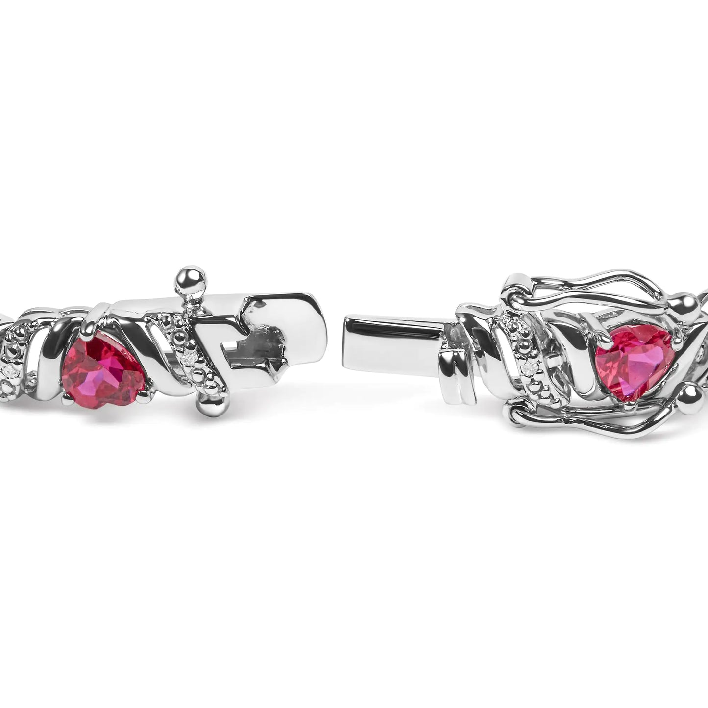 .925 Sterling Silver Red Ruby Heart & Diamond Bracelet